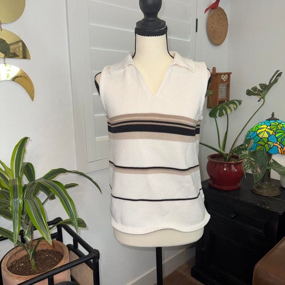 Vintage 90s Jeanne Pierre Striped Knit Sweater Vest Collared Preppy Y2K Medium